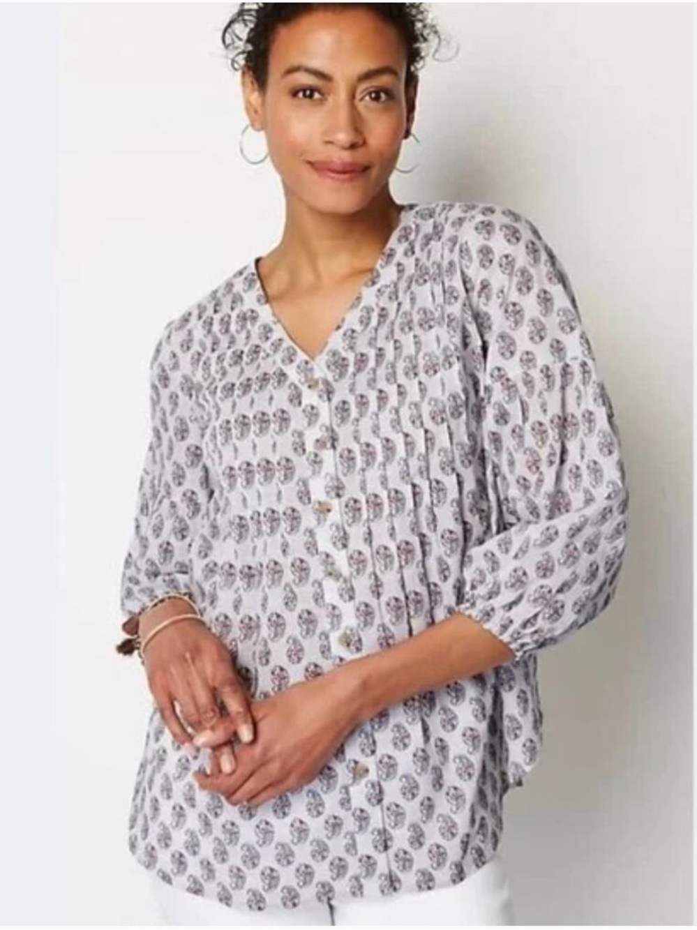J. Jill Women's Madeira  Cotton Pintucked Block Print Paisley Boho Top XL